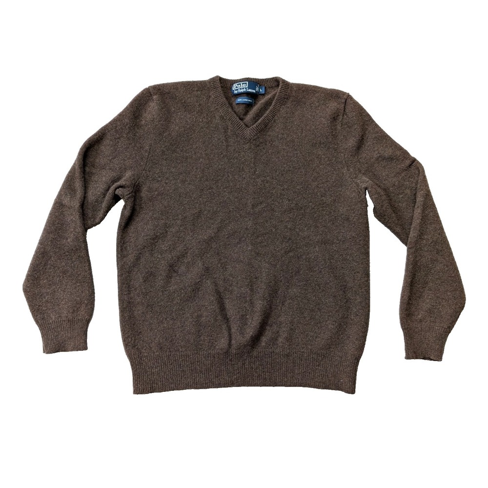 Ralph Lauren 100% Lambs Wool Sweater Fits Mens Medium Brown V-Neck